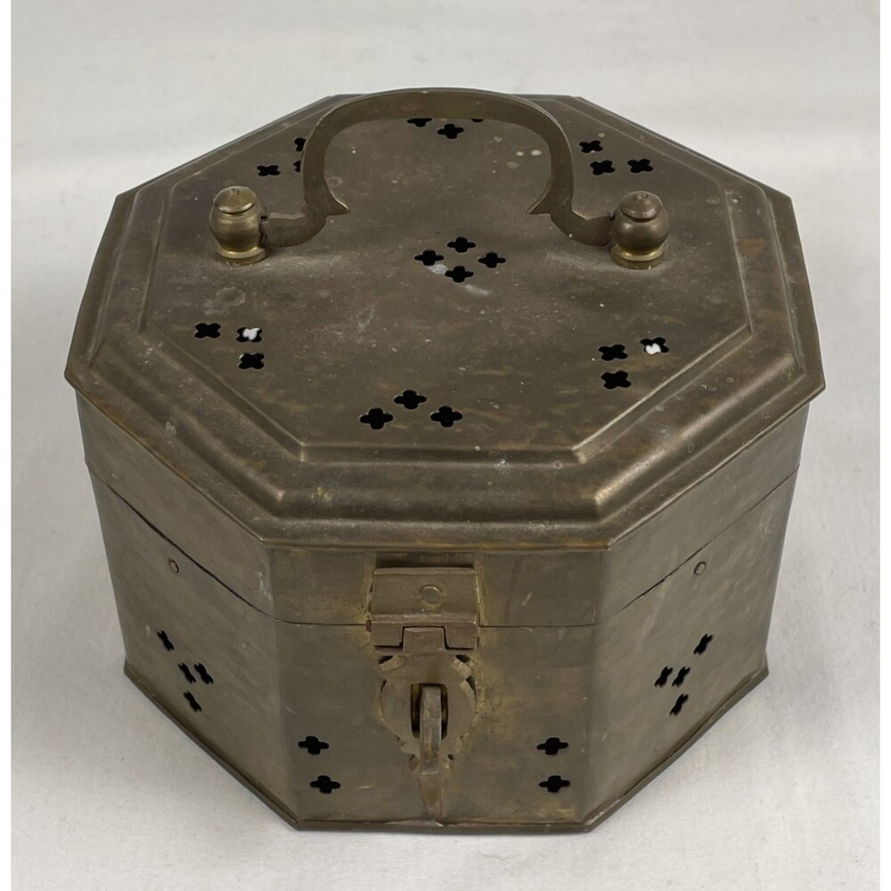 Vintage Brass Lidded Cricket Box Octagon Pierced w/ Handle Needs Polishing